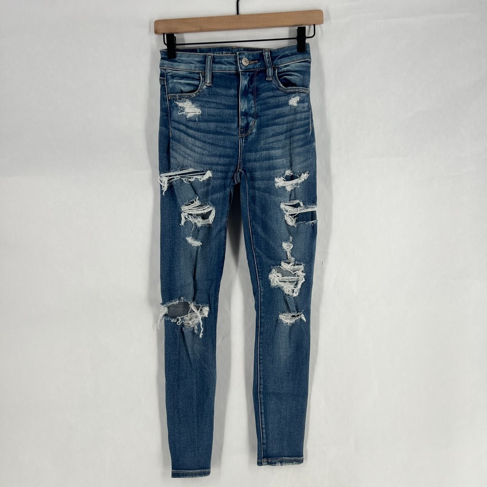 American Eagle Outfitters Jegging Jeans Womens 0 Short Blue Distressed High Rise